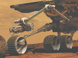 The robotic arms on both the Spirit and Opportunity Mars exploration rovers have instruments that can grind away rock layers, take microscopic images, and analyze the elemental composition of rock and soil. Illustration courtesy of NASA 